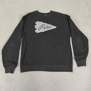 Poler Sweater Mens Medium Gray Crewneck Pullover Arrowhead Logo Outdoors‎ Cozy